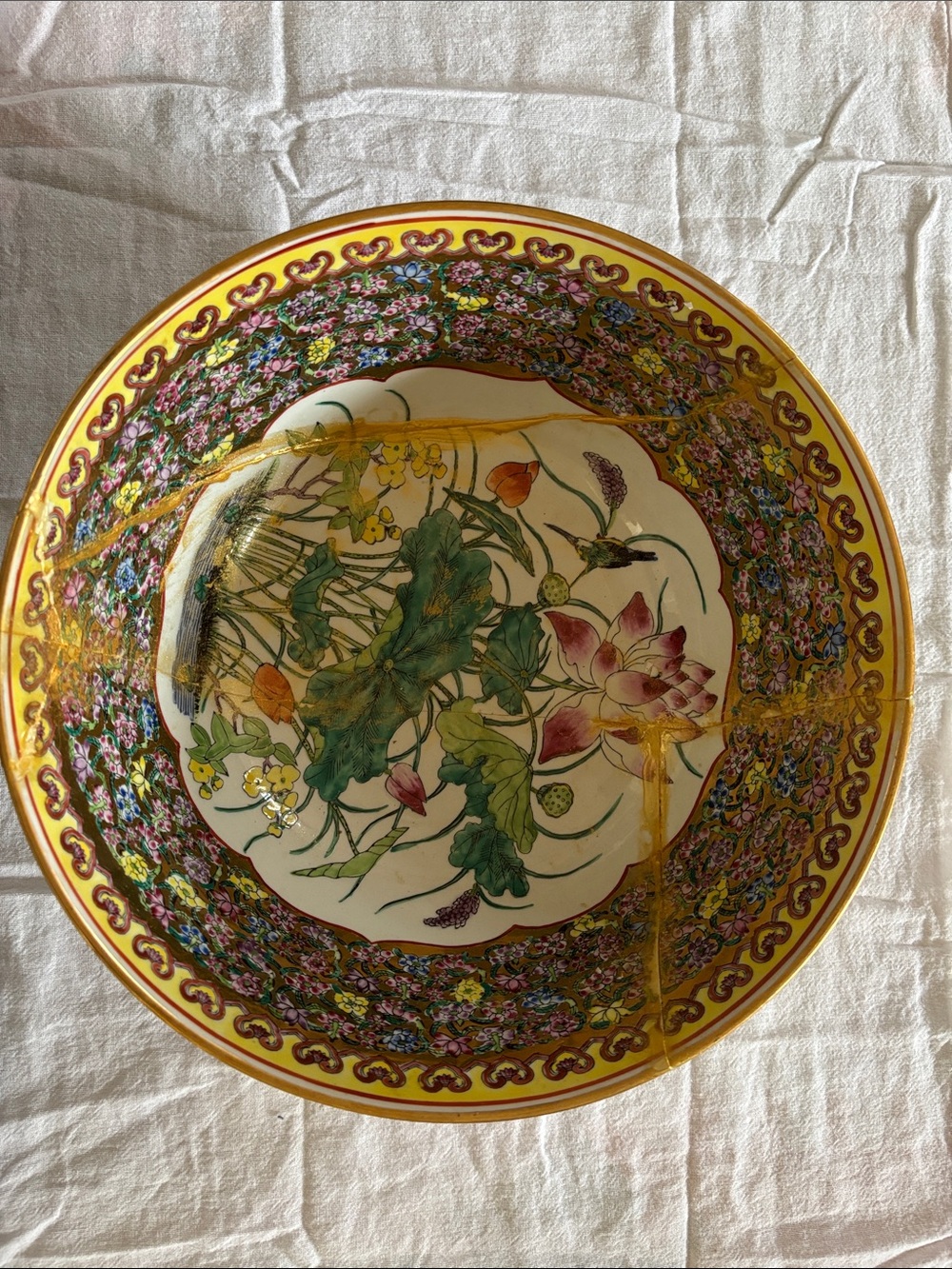 Hand-Painted Floral Decorative Bowl in Yellow and Green